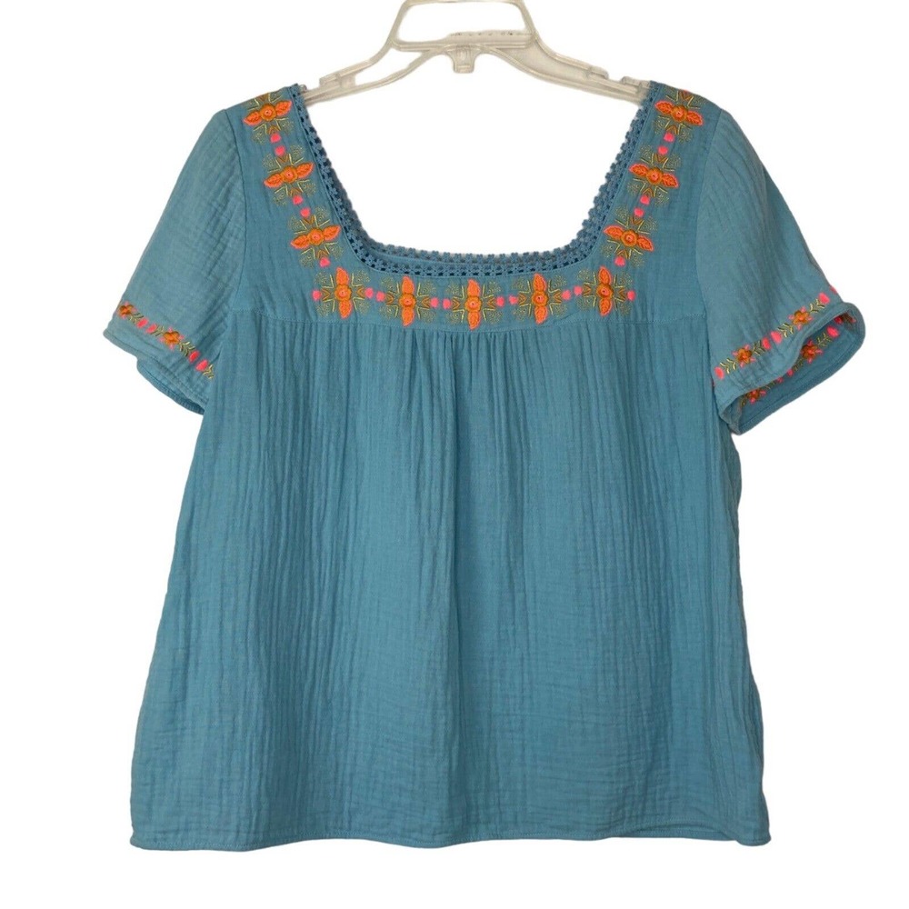 Boden Clemmie Womens Embroidered Blue Orange Square Neck Boho Top Size 8